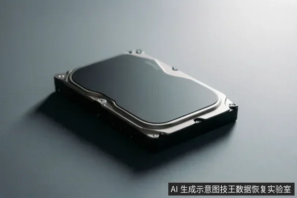 灰色背景上放置一块金属外壳的机械硬盘,表面有反光,无文字或操作动作。