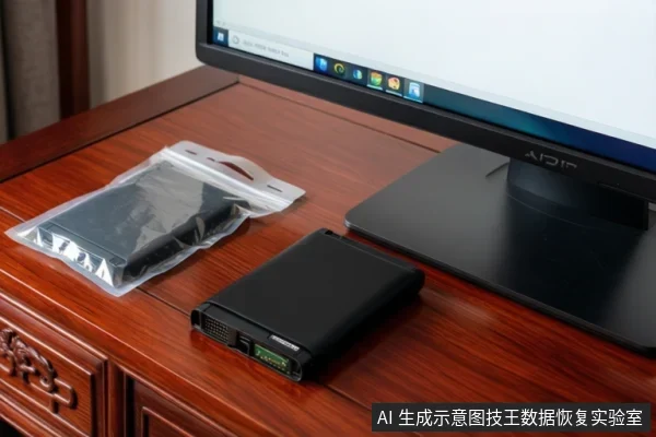 木桌上放着一台显示器,旁边是一个未接线的黑色外置硬盘盒和一个装着硬盘的透明自封袋,示意介质静置待处理。
