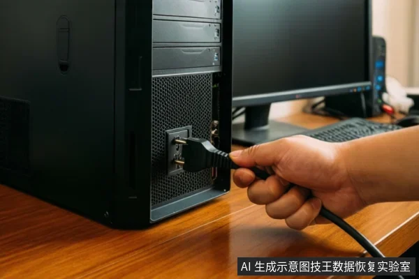 一只手正握住电源线插头,准备将其插入台式电脑主机背面的电源接口,背景可见显示器和键盘。