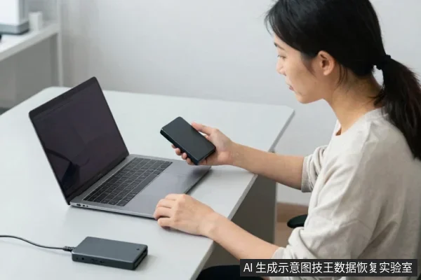 亚洲女性坐在桌前，左手持黑色手机，右手放在笔记本电脑键盘旁，桌面有一块通过线缆连接的黑色移动硬盘。