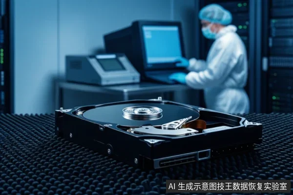 前景为打开的机械硬盘，可见盘片与磁头组件，放置在黑色网格垫上；背景为穿无尘服戴口罩的工作人员在电脑前操作，旁边有服务器机柜。