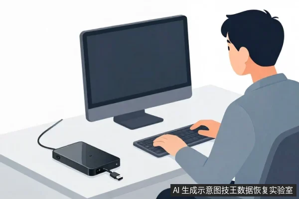 一名男子坐在桌前操作键盘，面前是显示器，桌面左侧放着一块黑色移动硬盘，通过线缆连接。