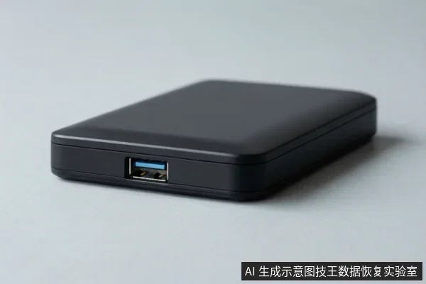 一个黑色矩形移动硬盘设备，侧面可见一个蓝色USB接口，放置在浅色背景上。