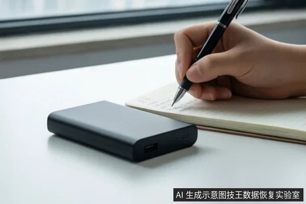 白色桌面上放置一个黑色移动硬盘,旁边有一只手正握笔在笔记本上书写,背景为窗户。