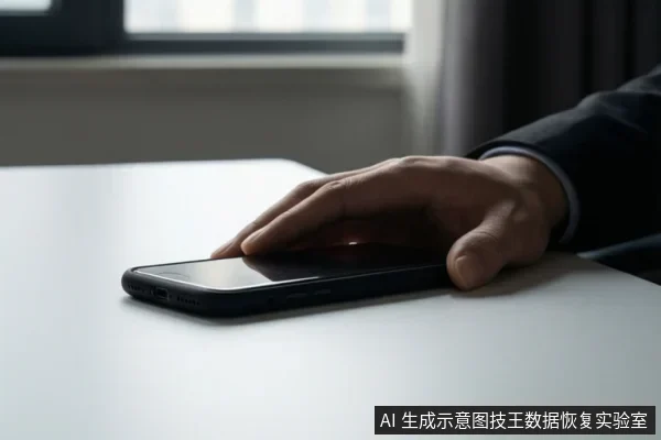 一只手平放在白色桌面上,手指轻触一部黑色智能手机的屏幕,背景为模糊的窗户和窗帘。