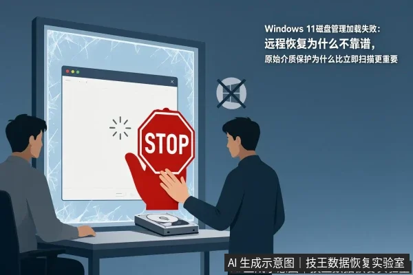 文章内容场景示意图:Windows 11磁盘管理加载失败:远程恢复为什么不靠谱,原始介质保护为什么比立即扫描更重要