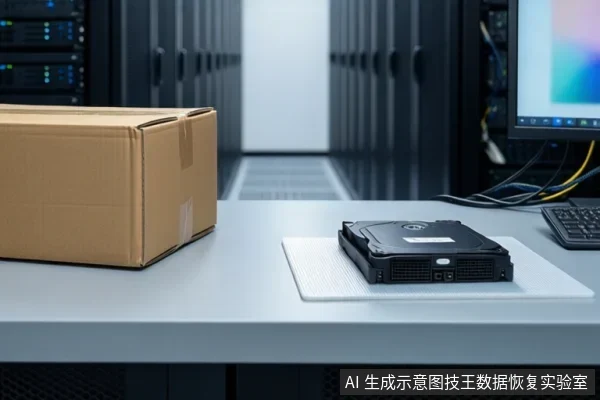 机房环境桌面上放置一个纸箱，旁边有一台黑色外置硬盘设备，右侧可见显示器、键盘和线缆。