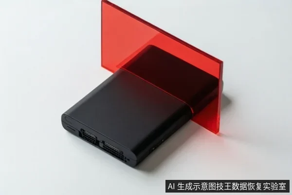 白色背景上放置一个黑色移动硬盘,旁边竖立一块红色透明板,硬盘接口端朝向镜头。