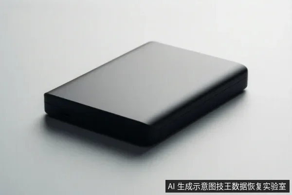 一个黑色长方形移动硬盘平放在白色背景上,表面光滑,侧面可见接口。