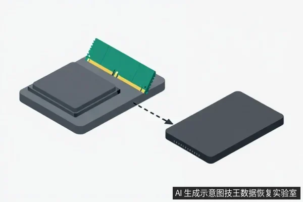 一块绿色电路板安装在灰色底座上,旁边有虚线箭头指向一块黑色矩形固态硬盘。