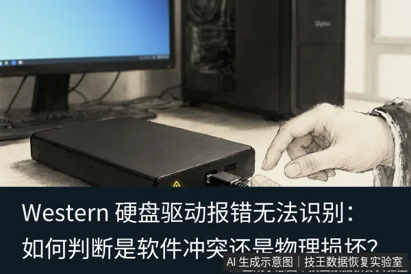 文章内容场景示意图：Western 硬盘驱动报错无法识别：如何判断是软件冲突还是物理损坏？