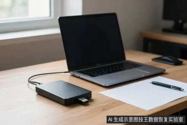 木质桌面上放着一台打开的笔记本电脑、一个带USB接口的黑色移动硬盘盒、一张白纸和一支笔，旁边有鼠标。