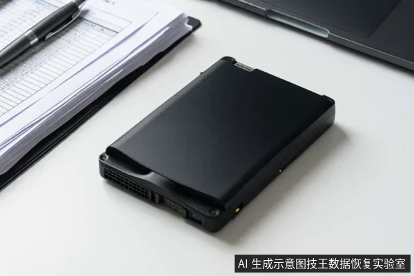 白色桌面上放置一个黑色移动硬盘,前端可见散热孔和接口,旁边有文件、笔和笔记本电脑边缘。
