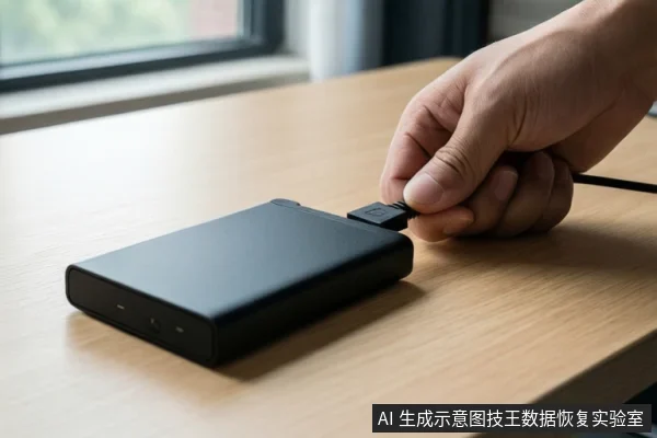 一只手正在将USB数据线插入放置在木桌上的黑色移动硬盘接口。