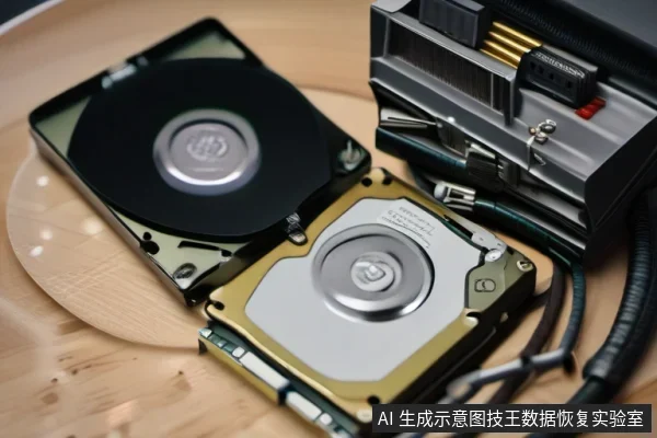 木质桌面上摆放着两块硬盘,左侧硬盘顶盖已打开露出黑色盘片,中间为带金属顶盖的硬盘,右侧是一台带插槽与线缆的设备。
