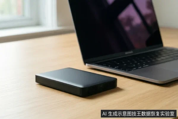 木质桌面上放置一台打开的笔记本电脑,旁边有一个黑色矩形外置存储设备,背景为窗户。
