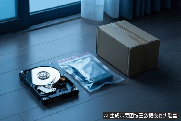 木地板上放置一块开盖机械硬盘、一个装有蓝色物件的透明自封袋和一个纸箱,背景为窗户与窗帘。
