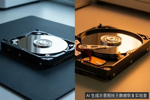 左右分屏展示两块机械硬盘:左侧硬盘平放于深色桌面,右侧硬盘置于暖色背景中,可见盘片与磁头组件。