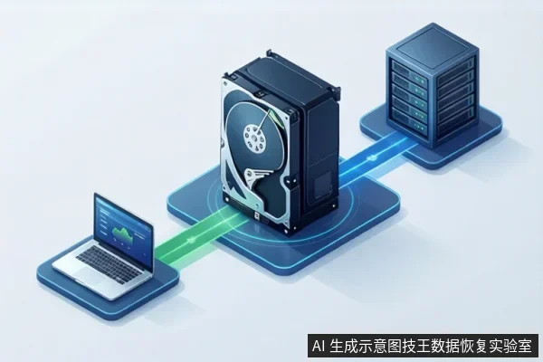 等距视角示意图,中间为打开的机械硬盘,左侧为笔记本电脑,右侧为服务器机柜,三者通过发光线条连接,表示数据传输。