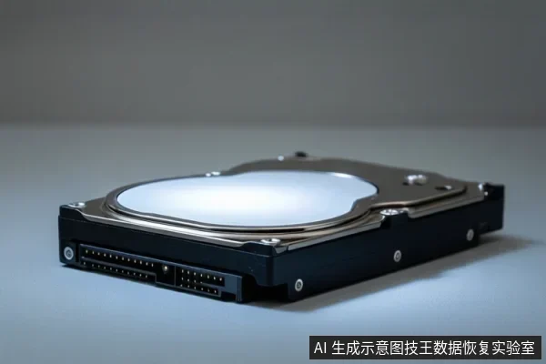 一张机械硬盘静置在浅色平面上的特写照片,展示了硬盘的金属顶盖、黑色外壳以及侧面的数据与电源接口。