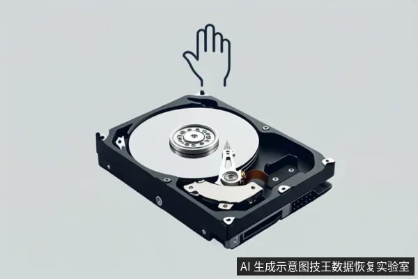 一块裸露的机械硬盘置于浅灰色背景上，上方有一个黑色线条绘制的手掌停止手势图标，示意停止操作。