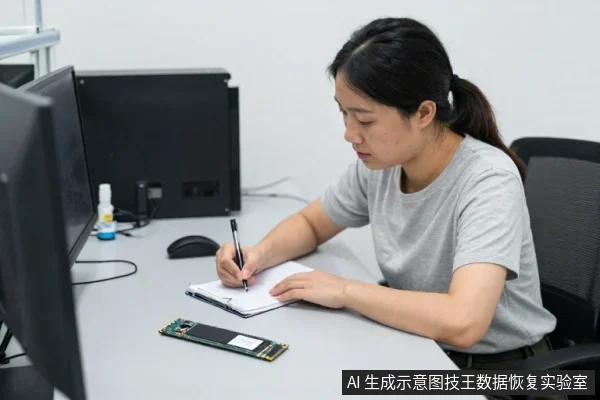 一名亚洲女性坐在办公桌前,手持笔在笔记本上记录,桌上放着一块M.2固态硬盘和一台显示器。
