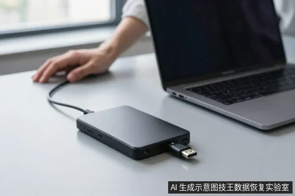 一人坐在桌前,手边有笔记本电脑,桌上放着一块黑色移动硬盘,通过线缆连接电脑,硬盘侧面插着USB插头。