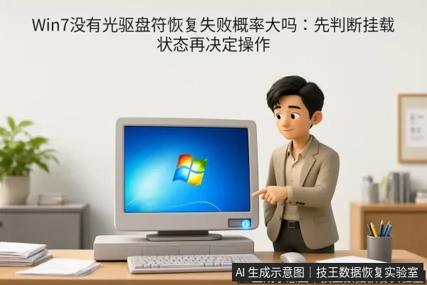 文章内容场景示意图：Win7没有光驱盘符恢复失败概率大吗：先判断挂载状态再决定操作
