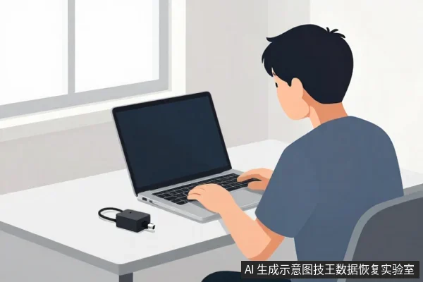 一名亚洲男性坐在白色桌前使用笔记本电脑,桌面左侧放着一个带线缆的黑色移动硬盘。
