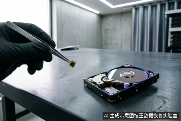 A gloved hand uses tweezers to hold a small chip above an open hard drive in a cleanroom, illustrating professional hardware recovery.
