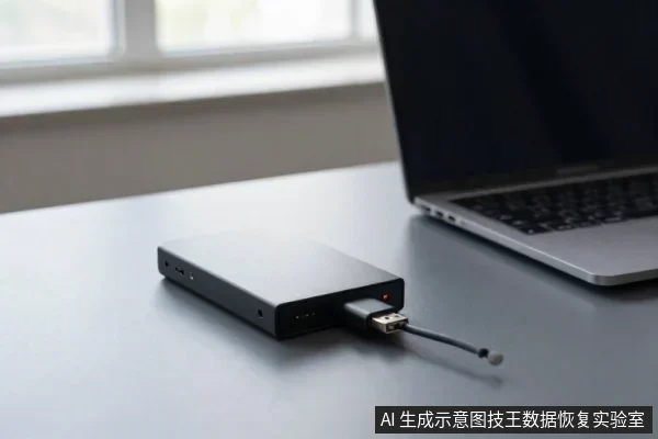 深色外置硬盘平放在桌面，侧面接口连着一根数据线，旁边是一台打开的笔记本电脑。