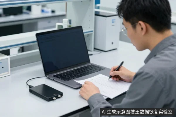 一名戴眼镜的男子坐在浅色桌面前,右手持笔在纸上书写,左手扶着纸张,面前放着一台打开的笔记本电脑和一个连接着数据线的黑色移动硬盘。