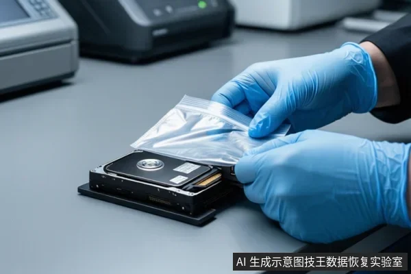 灰色工作台上，一双戴蓝色手套的手正将一块黑色硬盘放入透明防静电袋，背景有模糊的检测设备。