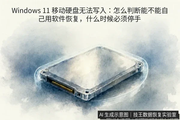 正文场景：文章内容场景示意图：Windows 11 移动硬盘无法写入：怎么判断能不能自己用软件恢复，什么时候必须停手