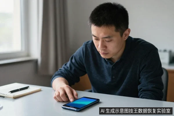 一名亚洲男子坐在桌前,低头用右手食指点击平放在桌面上的安卓手机屏幕,左侧放有笔记本和笔。