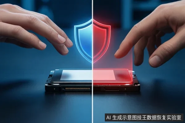 画面被竖直白线分成蓝红两半,左右各有一只手伸向平放的M.2固态硬盘,盘体上方悬浮一个蓝红双色盾牌图标。