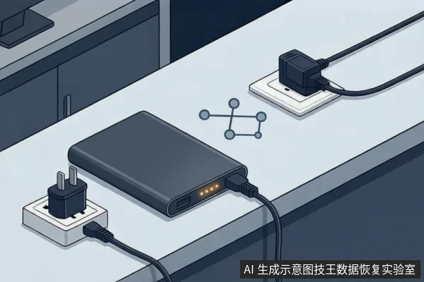 桌面上黑色外置移动硬盘指示灯亮起,一端接USB数据线,旁边两个白色插座分别插着电源插头和适配器插头。