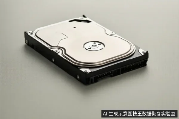 灰色背景上放置一块3.5英寸机械硬盘,金属顶盖与黑色外壳清晰,前端可见SATA数据与电源接口。