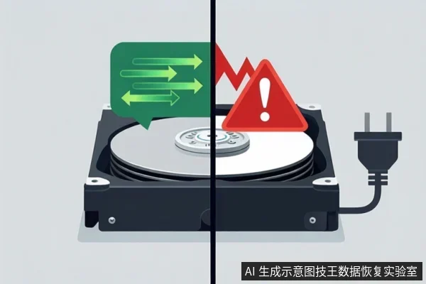 一块打开顶盖的机械硬盘被竖直分割为左右两部分,左侧有绿色箭头表示数据读取,右侧有红色警告标志和电源线插头。