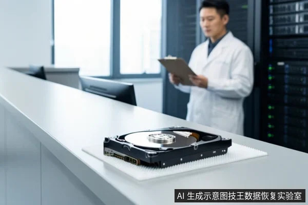 白色台面上放置一块打开的机械硬盘,背景为机房环境,一名穿白大褂的亚洲成年男子手持写字板站立。
