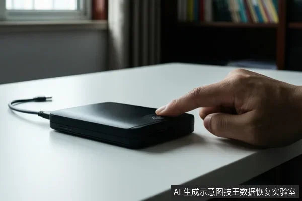 白色桌面上放置一个黑色扁平移动硬盘,左侧连接线缆,右侧一只成年人的手指正按压硬盘表面按钮。
