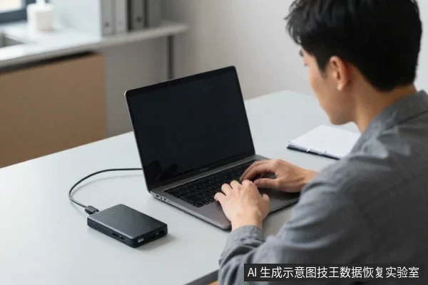 一名亚洲男性坐在桌前使用笔记本电脑，电脑旁连着一块黑色外置硬盘，桌面还有笔记本和文件夹。