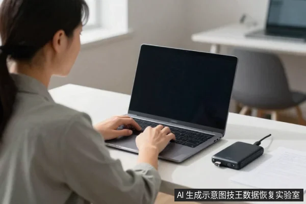 一名亚洲女性坐在桌前,双手放在笔记本电脑键盘上,右侧桌面放着一块黑色移动硬盘和纸张