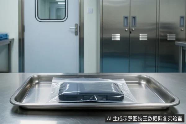 不锈钢托盘上放着一个透明密封袋,袋内装有一块黑色外置固态硬盘,背景为带不锈钢柜和带窗门的洁净室环境。