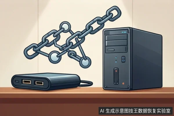 木桌上放着一台黑色移动硬盘和一台台式机主机，移动硬盘前端可见USB接口并连有线缆，背景墙上绘有链条状连接示意图标。