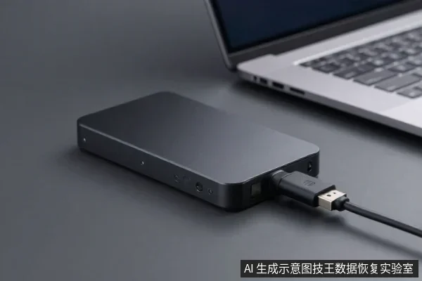 深灰色移动硬盘平放在深色桌面,通过USB线连接右侧笔记本电脑,硬盘侧面可见接口与指示灯。