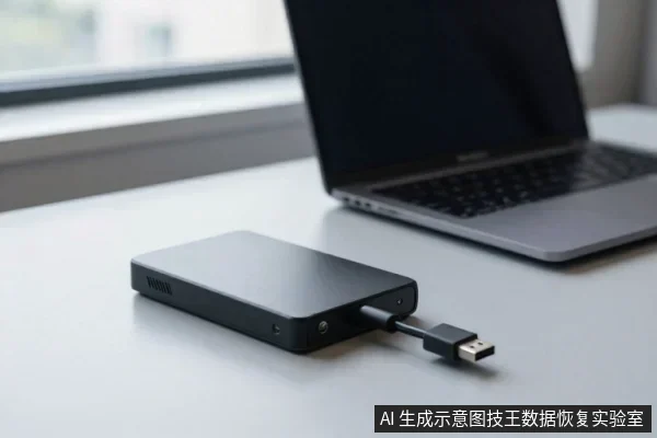 黑色外置硬盘平放在桌面，USB线连接硬盘与右侧银色笔记本电脑，背景为窗户。