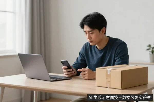 一名亚洲男性坐在木桌前，右手拿着手机查看，面前放着一台打开的笔记本电脑和一个封好的纸箱。