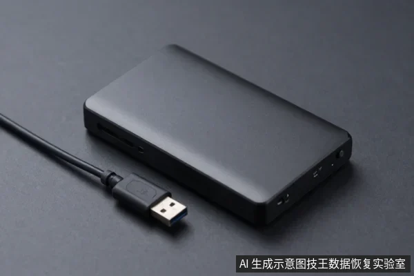 深色桌面上平放着一块黑色移动硬盘,侧面USB接口连着一根黑色数据线,线缆末端为USB插头。