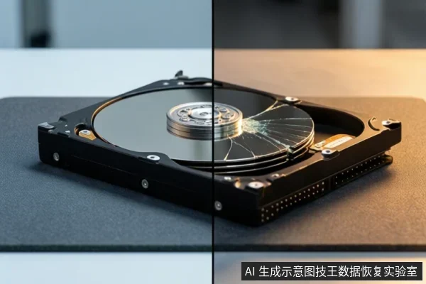一块打开外壳的机械硬盘放在深色台面上,盘片右侧可见明显裂纹,画面中间有竖直分割线,左右两侧光线不同。